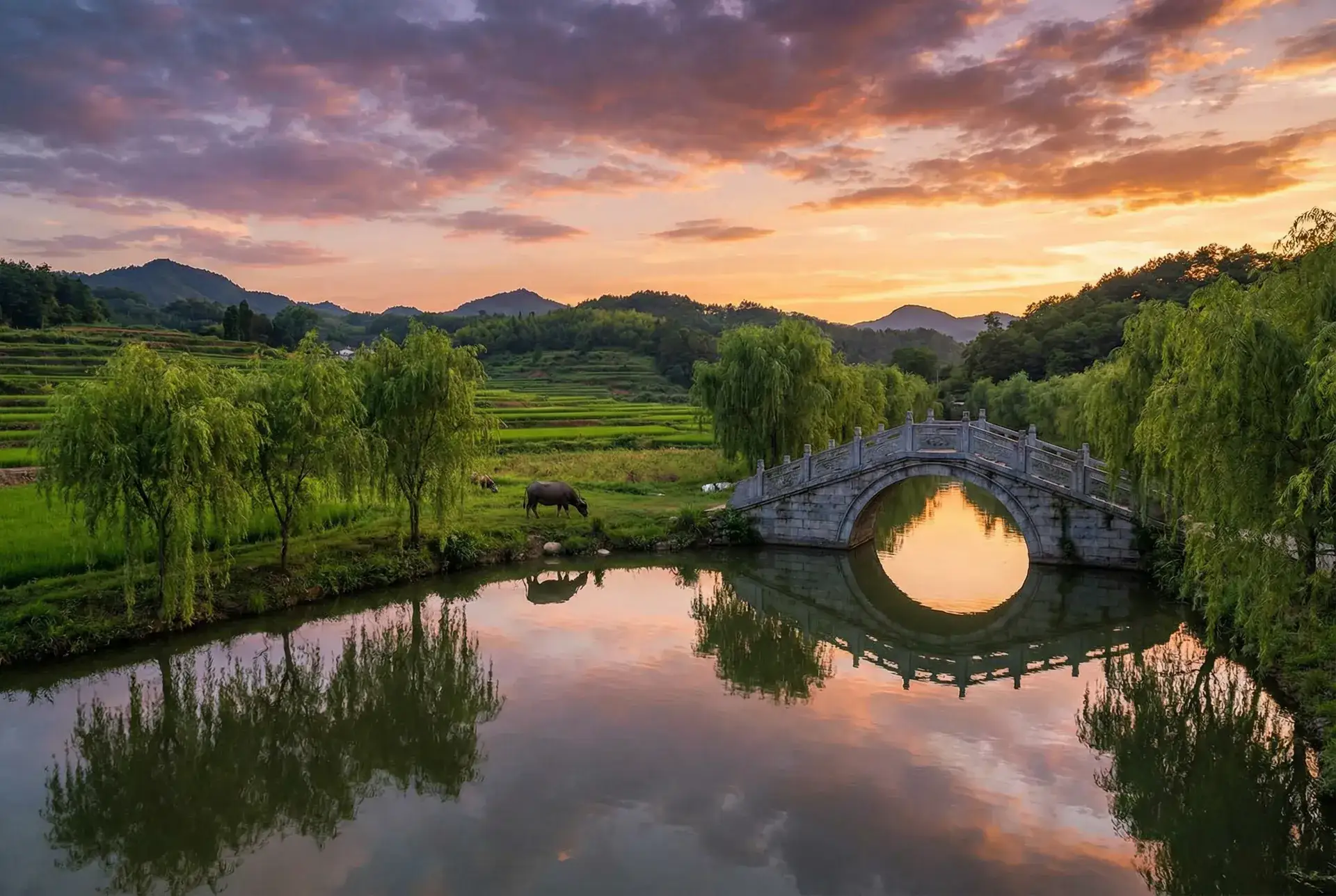 夕阳下的石拱桥与垂柳，水牛在河边吃草 - 天天酷跑坐骑哪个好 乡村美景