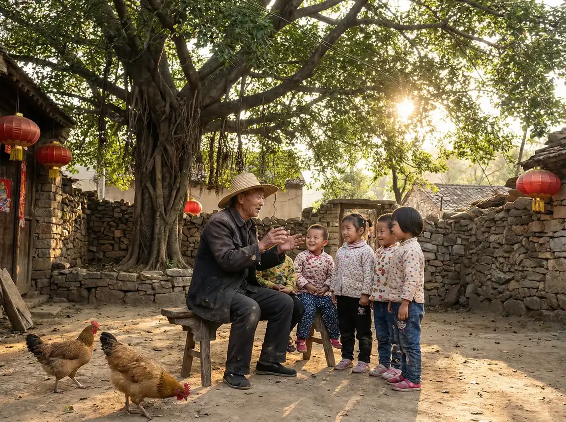 老人在大榕树下给孩子们讲故事 - 天天酷跑坐骑哪个好 乡村记忆